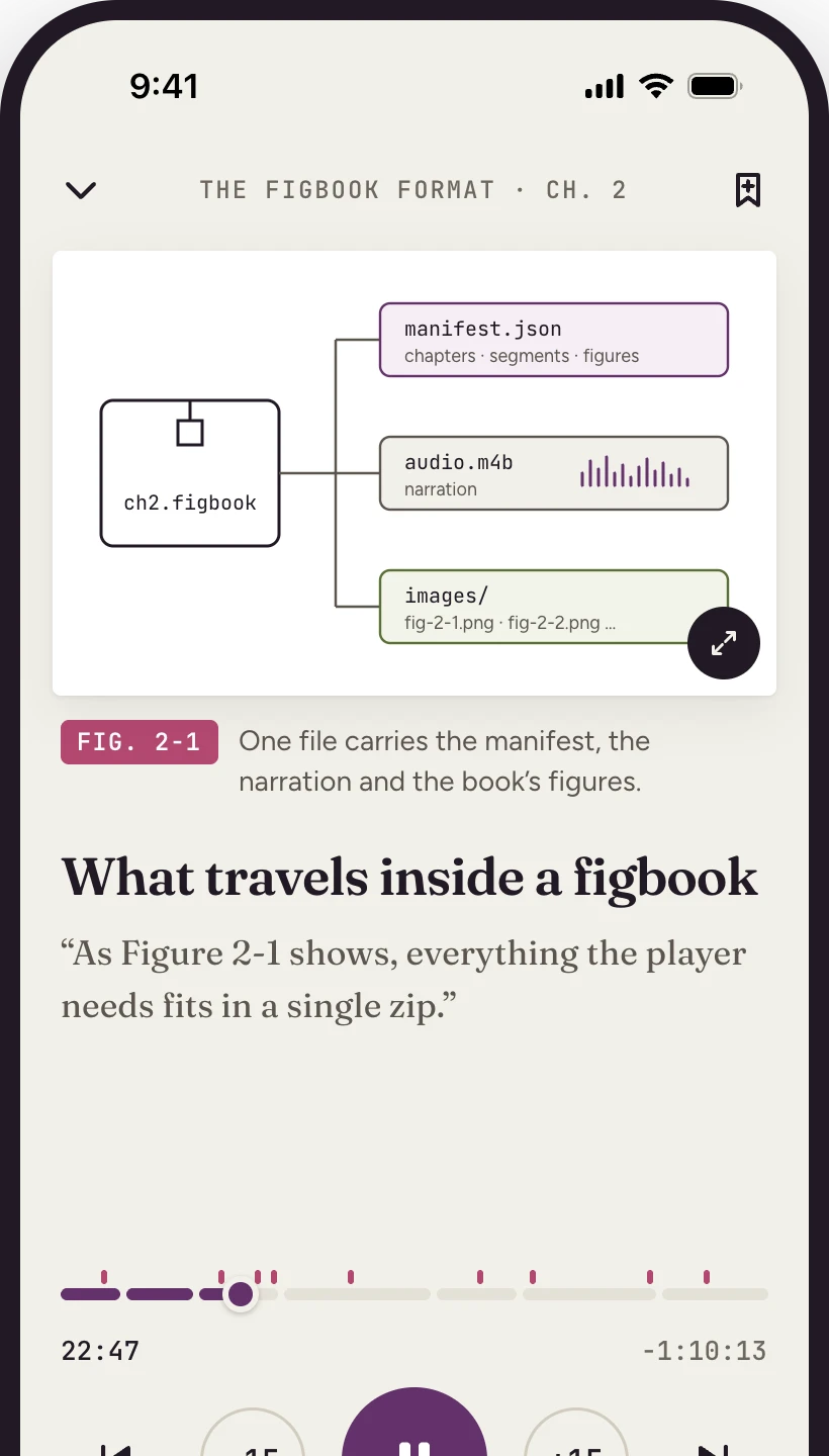 Figbook on iPhone: Figure 2-1, a diagram of what travels inside a figbook, is on screen while the narration plays.