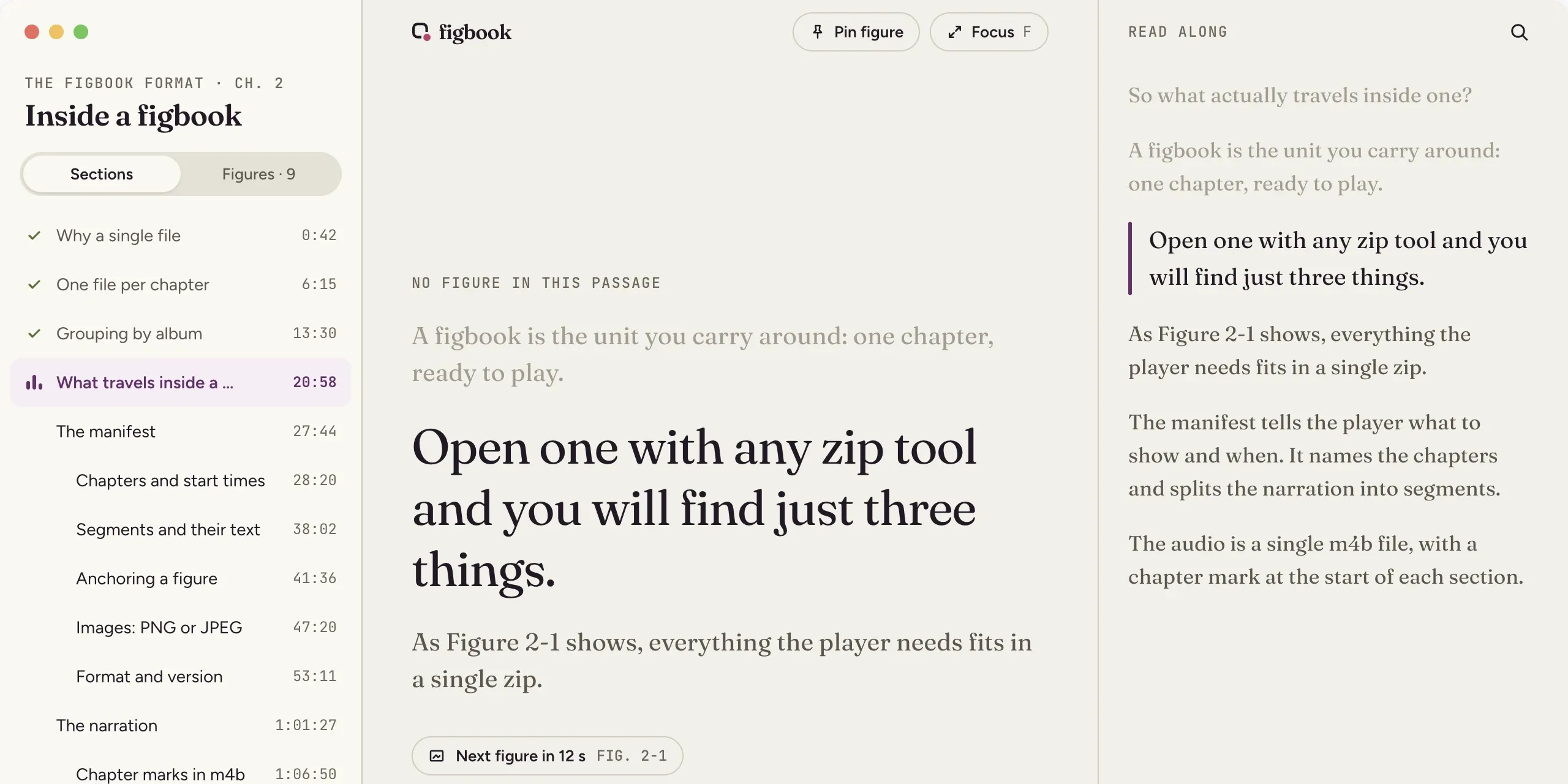 Figbook on Mac with no figure on stage: the sections on the left, the sentence being read in the middle and the words on the right.